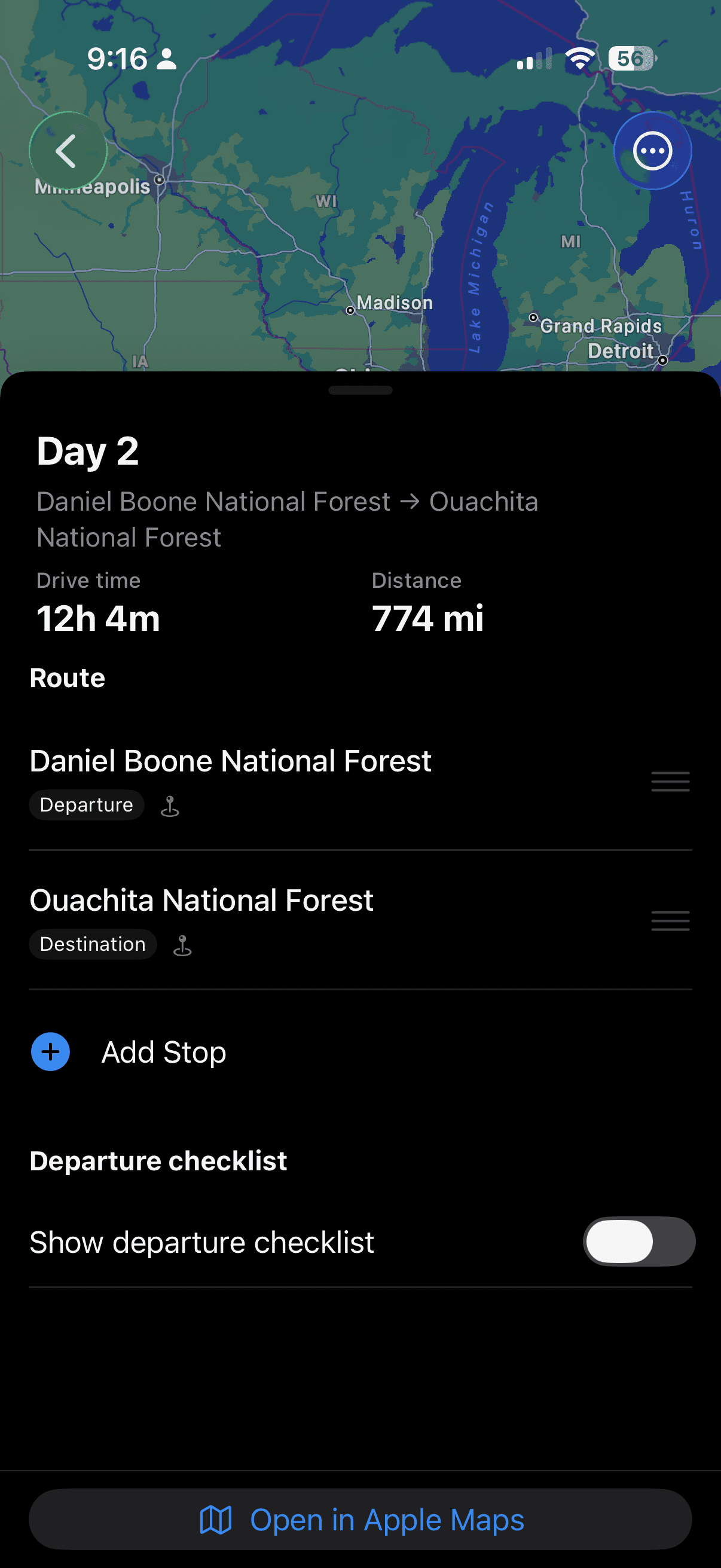 Day view with map, drive stats, stop list, and Open in Apple Maps.