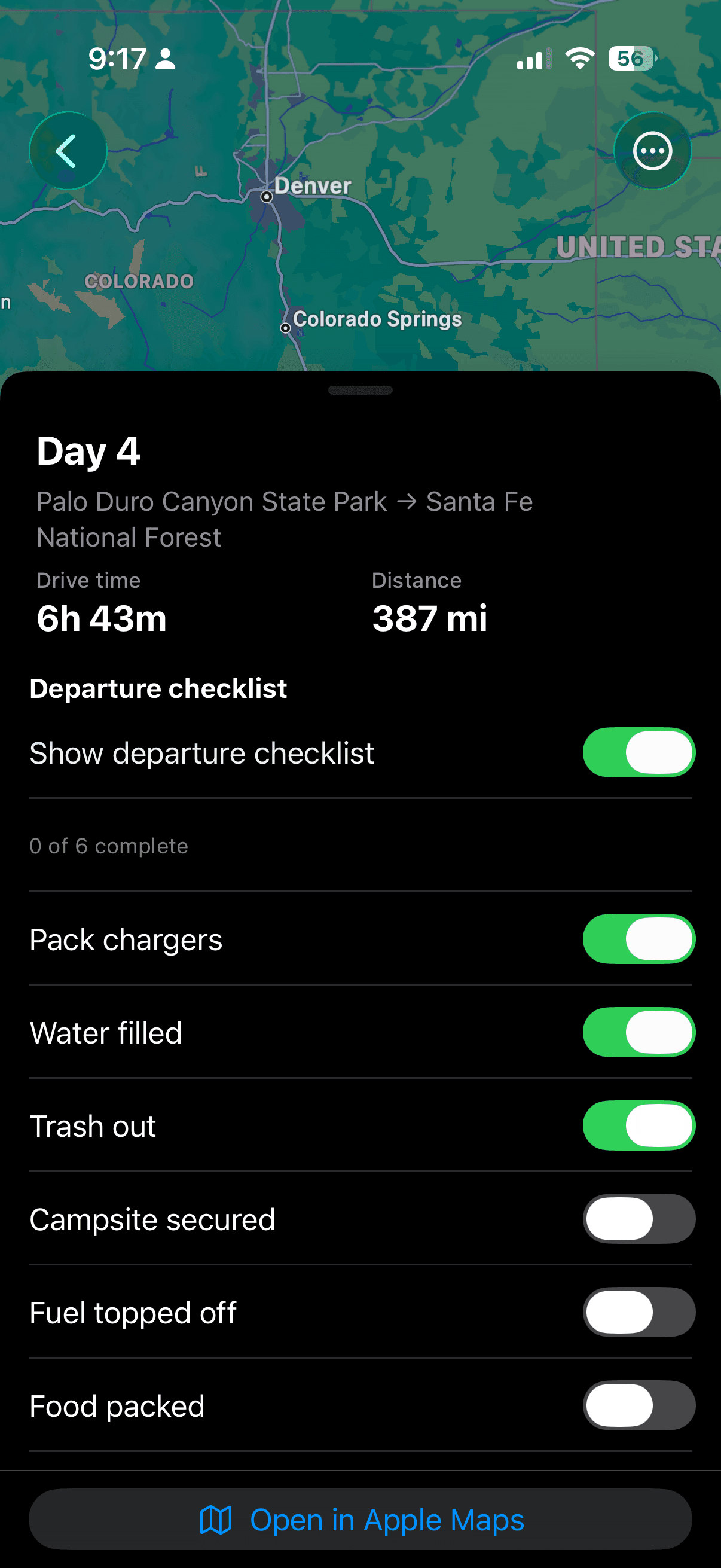 Day planner with optional departure checklist before hitting the road.