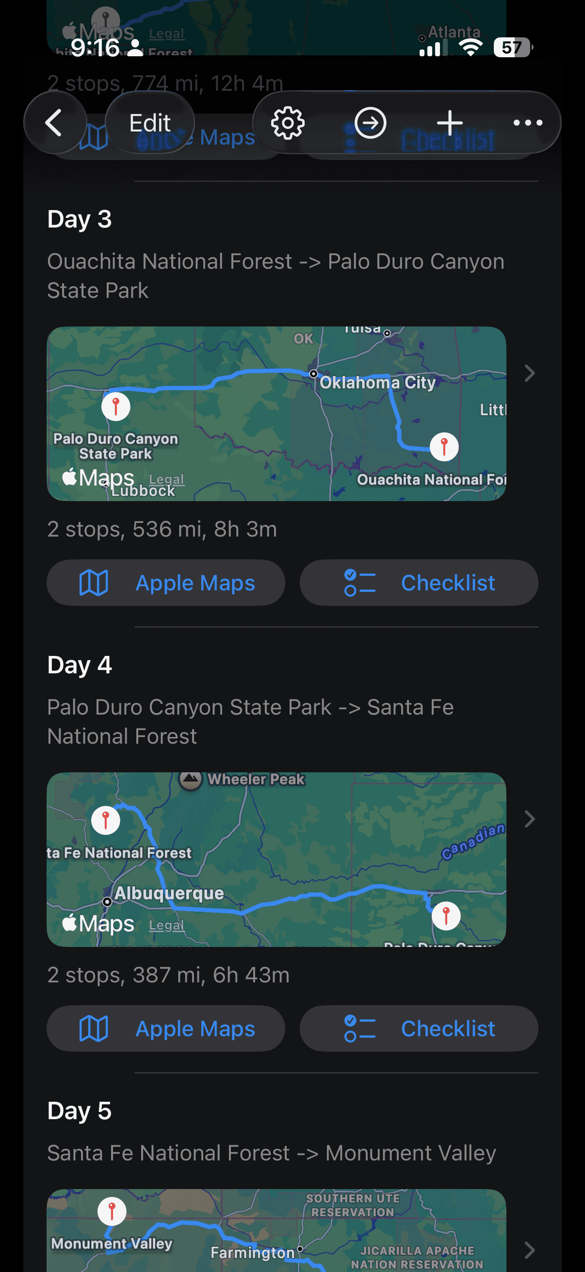 Multi-day itinerary with route summaries, map thumbnails, and ordered stops per day.