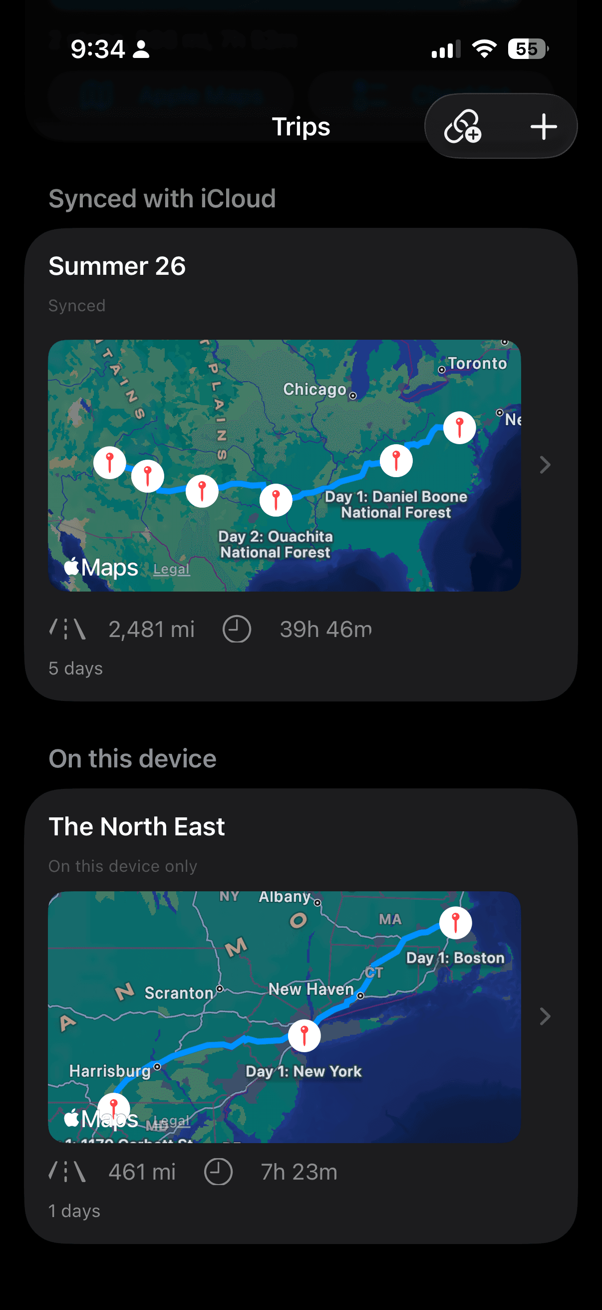 NavOps Trips screen with iCloud-synced and on-device trips, map previews, and drive stats.